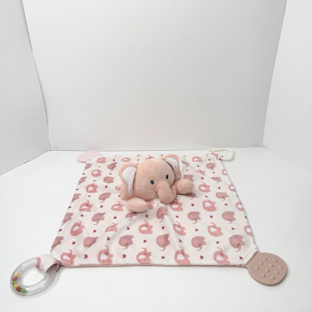Modern Baby Pink‎ Elephant Lovey Security Blanket Teether Plush Rattle Toy